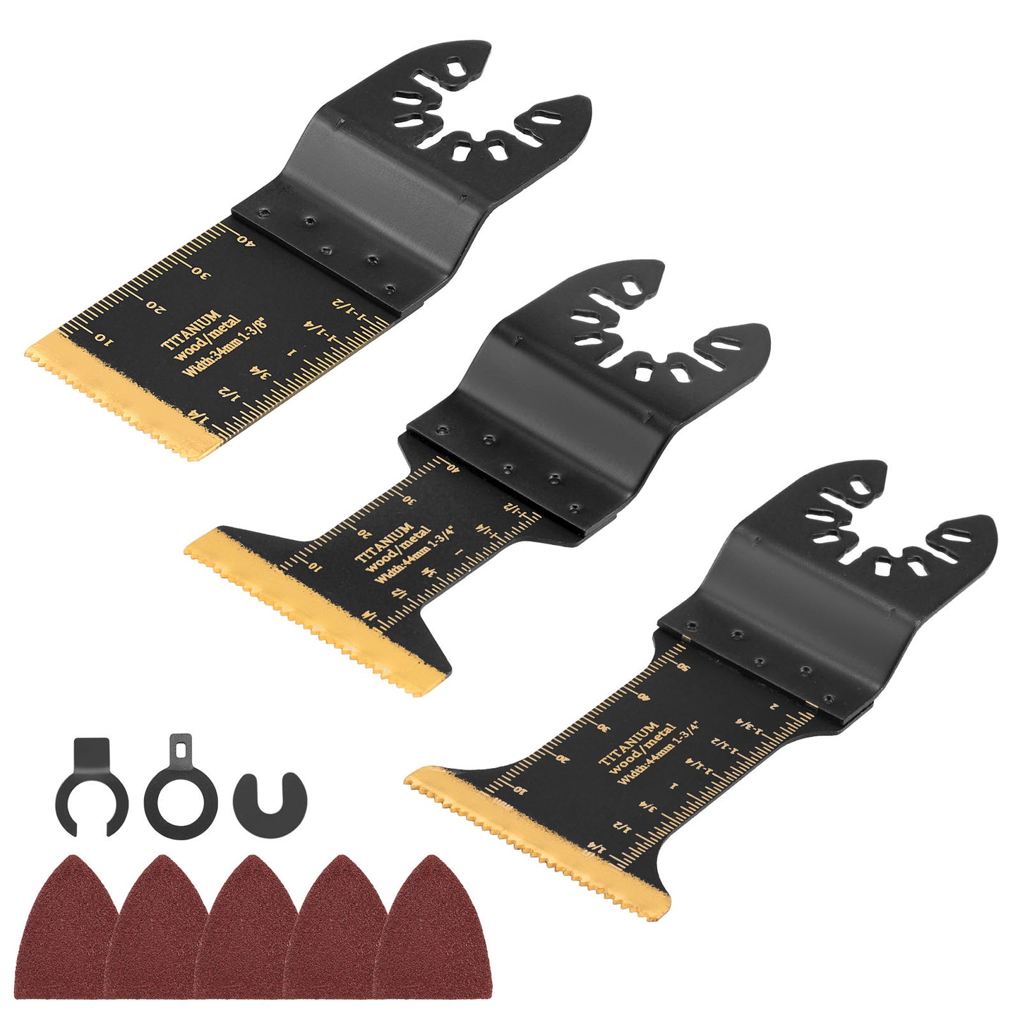 3 PCS Titanium Oscillating Tool Blades, Professional Universal Multi Tool Blades Kits with Sandpaper, Multitool Blades Accessories Compatible with Fein Multimaster Tools Black & Decker