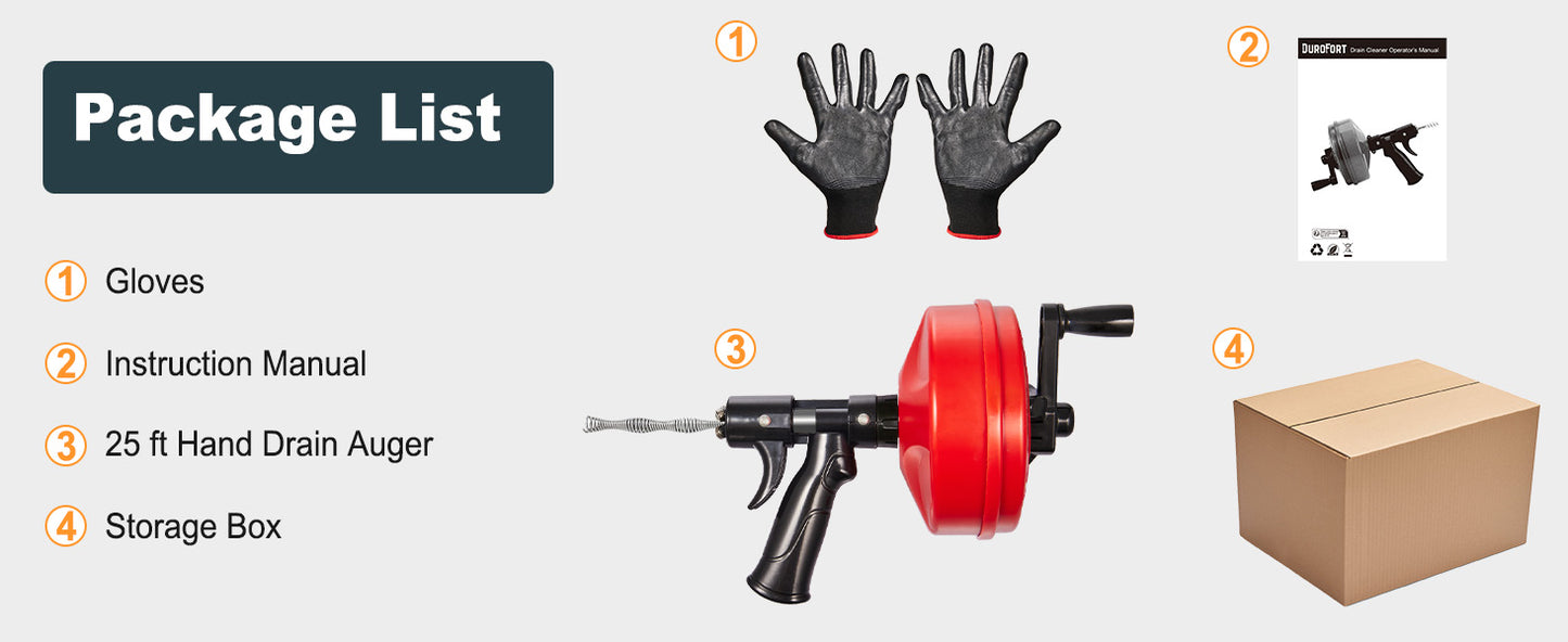 Drain Auger, 25 Ft Plumbing Snake Clog Remover, Use Manually or Powered Snake Drain Hair Removal Tool for Kitchen,Bathrom and Shower Sink, Comes with Gloves(red)