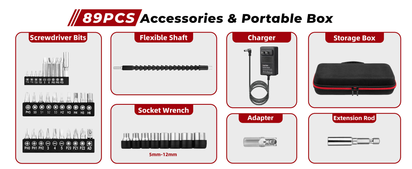 Cordless Electric Screwdriver Set, 8V 10Nm Rechargeable Screwdriver Kit with 89pcs Accessories, 10+1 Torque Settings, 2 Position Handle, Battery Indicator, Flexible Shaft, LED Light