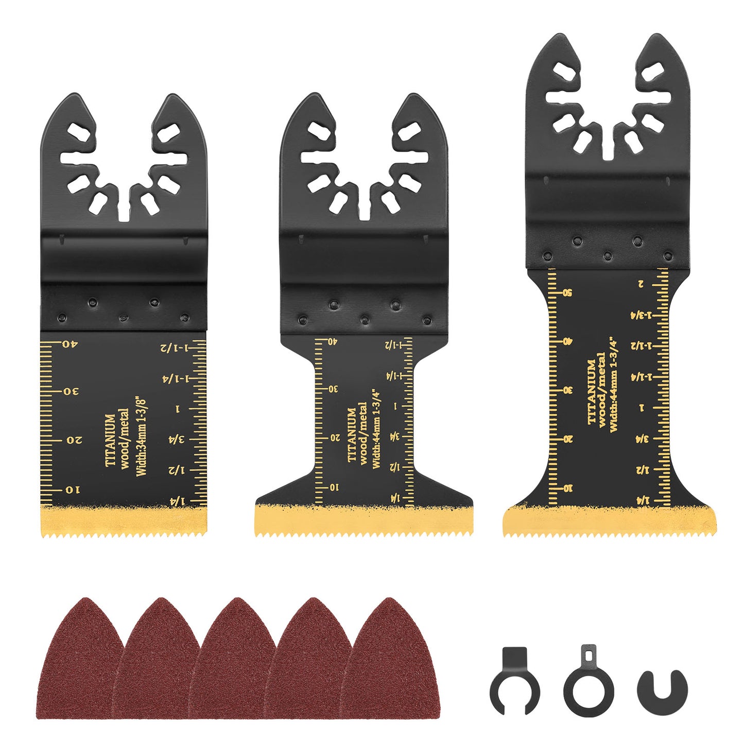 3 PCS Titanium Oscillating Tool Blades, Professional Universal Multi Tool Blades Kits with Sandpaper, Multitool Blades Accessories Compatible with Fein Multimaster Tools Black & Decker