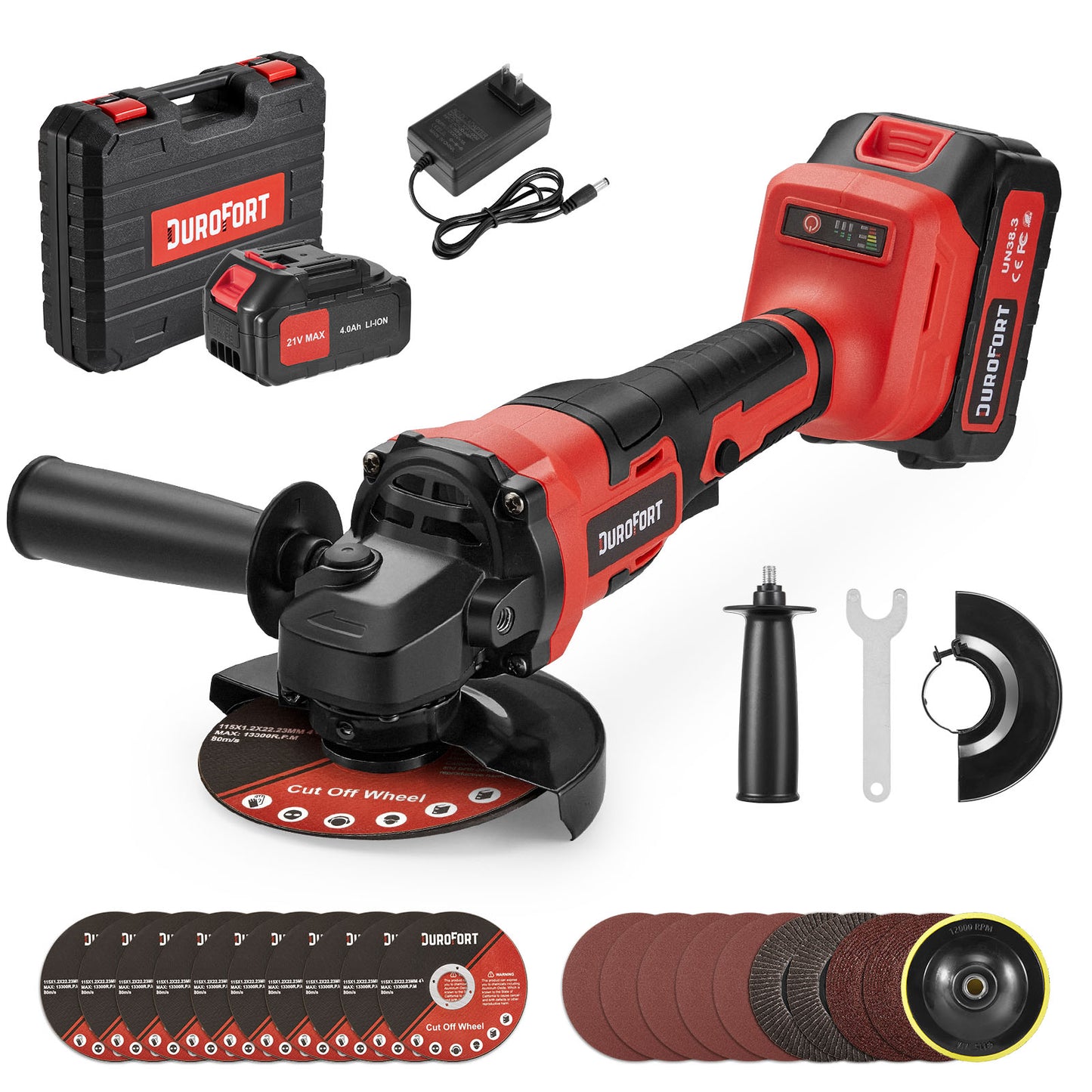 21v Cordless Power Angle Grinder Tool, 9500RPM Brushless 3-Variable-Speed Electric Metal Grinder with 1x4000mAH Battery&Battery Indicator, Cutting Wheels, Flap Disc and Auxiliary Handle for Metal/Wood