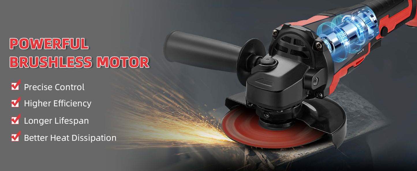 21v Cordless Power Angle Grinder Tool, 9500RPM Brushless 3-Variable-Speed Electric Metal Grinder with 1x4000mAH Battery&Battery Indicator, Cutting Wheels, Flap Disc and Auxiliary Handle for Metal/Wood