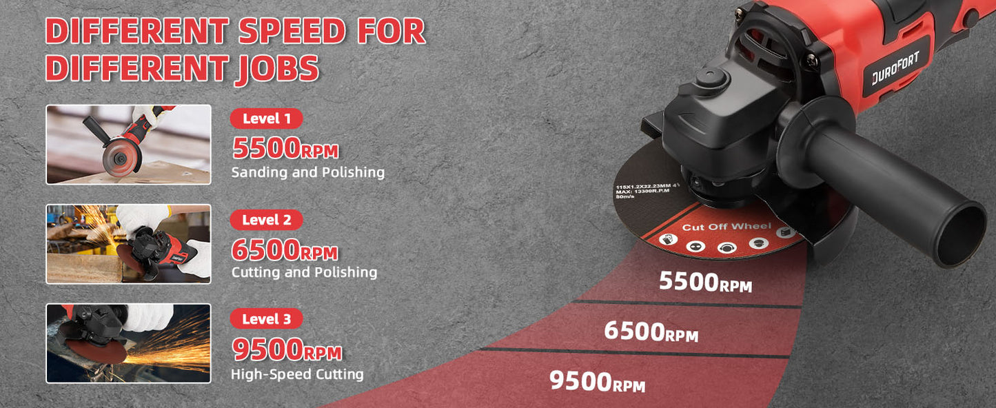 21v Cordless Power Angle Grinder Tool, 9500RPM Brushless 3-Variable-Speed Electric Metal Grinder with 1x4000mAH Battery&Battery Indicator, Cutting Wheels, Flap Disc and Auxiliary Handle for Metal/Wood