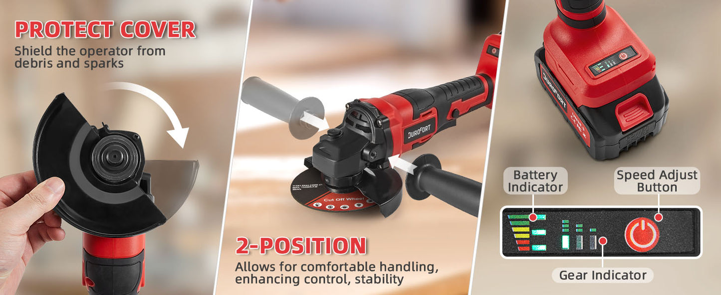 21v Cordless Power Angle Grinder Tool, 9500RPM Brushless 3-Variable-Speed Electric Metal Grinder with 1x4000mAH Battery&Battery Indicator, Cutting Wheels, Flap Disc and Auxiliary Handle for Metal/Wood